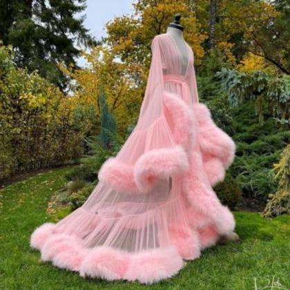 Pink Prom Dresses V Neck Long Sleeve Tulle Floor..