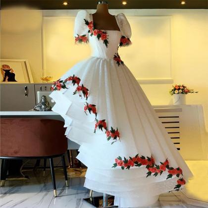 White Prom Dresses Embroidery Square Neckline Lace..