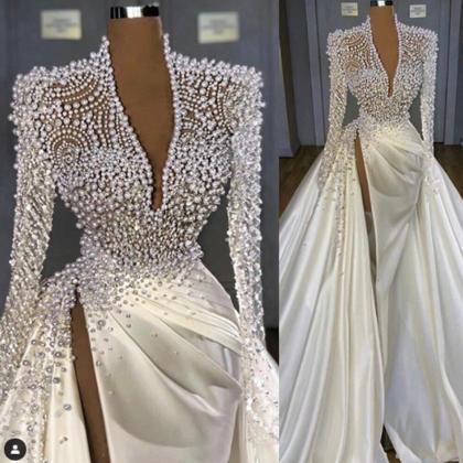 White Prom Dresses 2023 Deep V Neck Long Sleeve..