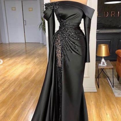 Black Prom Dresses 2023 Off The Shoulder Side Slit..