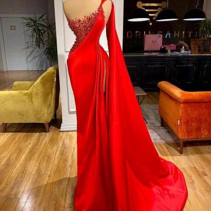 Elegant One Shoulder Red Prom Dresses Pearls..