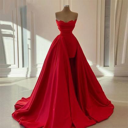 Red Long Evening Gowns Detachable Train Formal..