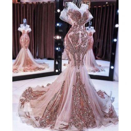 Elegant Pink Mermaid Prom Dress Sparkly Sequins..