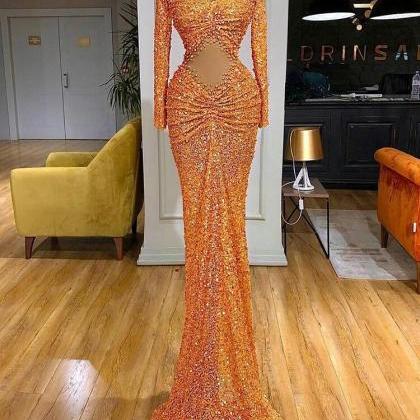 Luxury Orange Mermaid Prom Dresses High Neck Full..