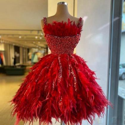 Gorgeous Red Feather Short Prom Dresses With..