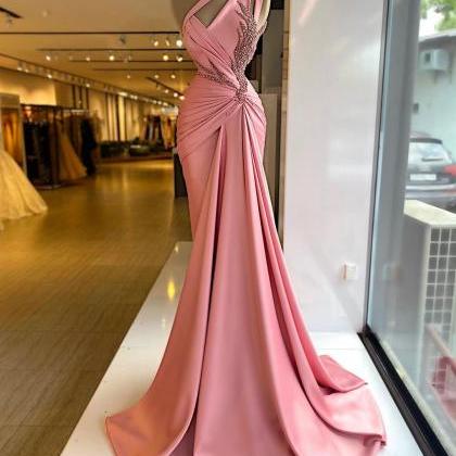 Elegant Pink Evening Dress One Shoulder Beaded..
