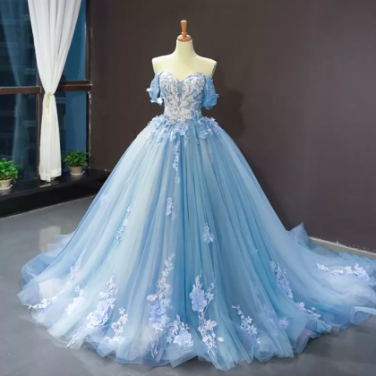 Blue Colored Wedding Dress Off The Shoulder Ball..