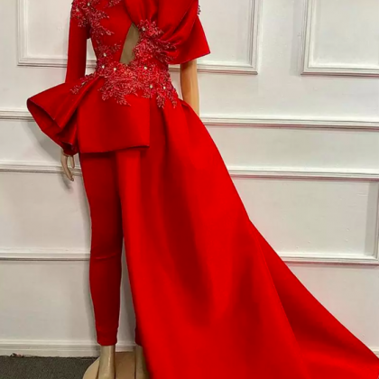Red Plus Size Evening Jumpsuit With Train 2023..