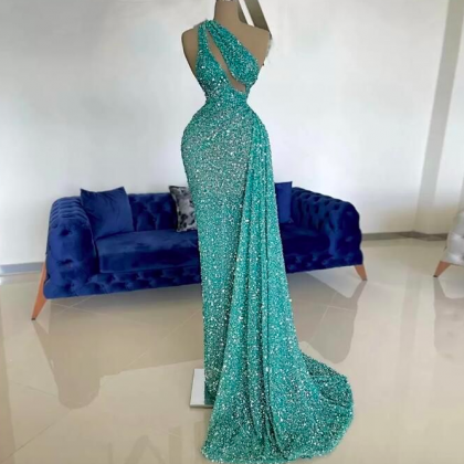 Jade Blue Beading Prom Dresses One Shoulder..