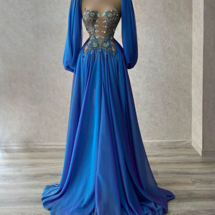 Blue Prom Dresses Long Sleeves V Neck Lace..