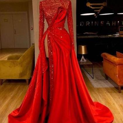 Red Prom Dresses, Long Sleeve Prom Dresses, Satin..