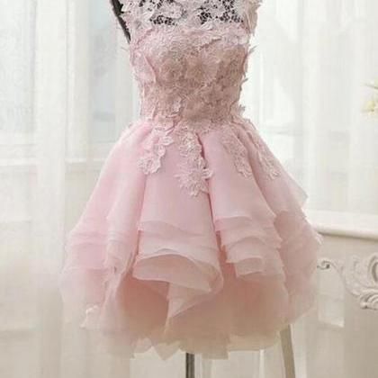 Pink Prom Dresses, Lace Prom Dresses, Sheer Crew..