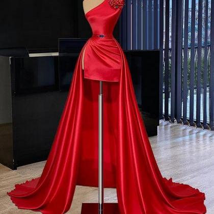 Red Prom Dresses, Side Slit Prom Dresses, Satin..