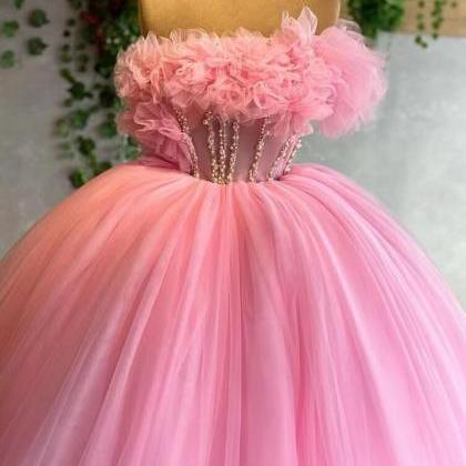 Pink Prom Dresses, Ruffle Prom Dresses, Beaded..
