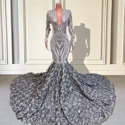 Silver Prom Dresses 2023 Black Girl Long Mermaid V..