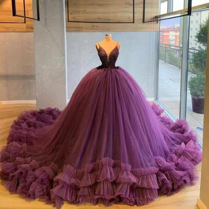 Sexy V Neck Purple Tulle Ruffles Party Evening..