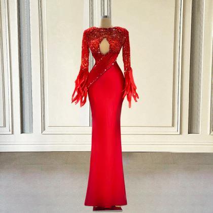 Luxury Beaded Red Mermaid Long Prom Dresses For..