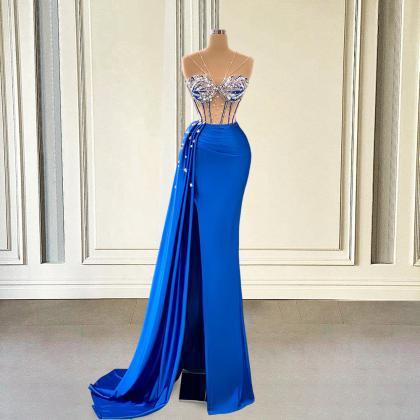 Glitter Beaded Blue Mermaid Long Prom Dresses For..