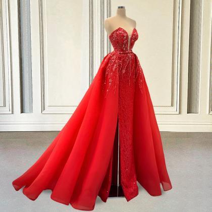 Sparkly Sequin Red Mermaid Long Prom Dresses With..