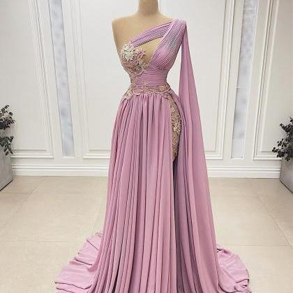 Pink Prom Dress Sleeveless One Shoulder Cape V..