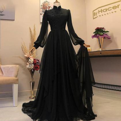 Black Long Sleeve Musilm Evening Dresses A-line..