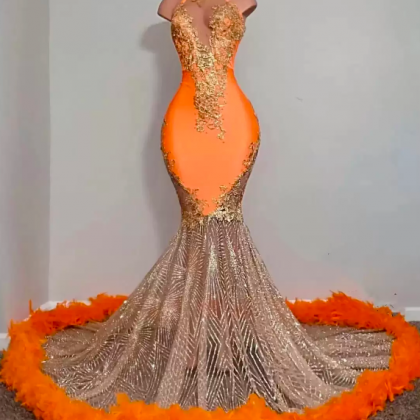 Black Girls Orange Mermaid Prom Dresses 2022 Satin..