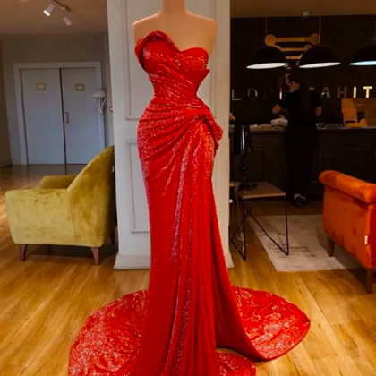 Elegant Mermaid Sequins Prom Dresses 2023 Red..