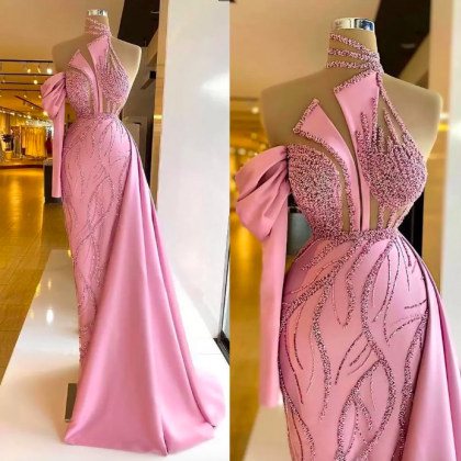 Pink Mermaid Prom Dresses Sexy Sequins Beads Satin..