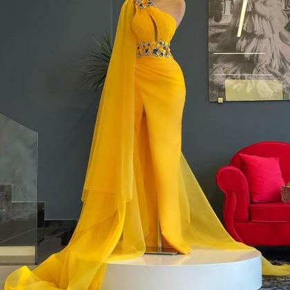 Crystals Yellow One Shoulder Mermaid Evening..