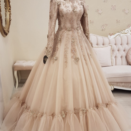 Delicate Champagne Appliques Lace Prom Dress 2023..