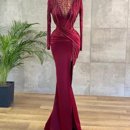 2023 Sexy Prom Dresses Burgundy Dark Red High Neck..