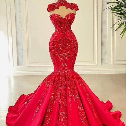 Luxury Red Evening Dresses Detachable High Neck..