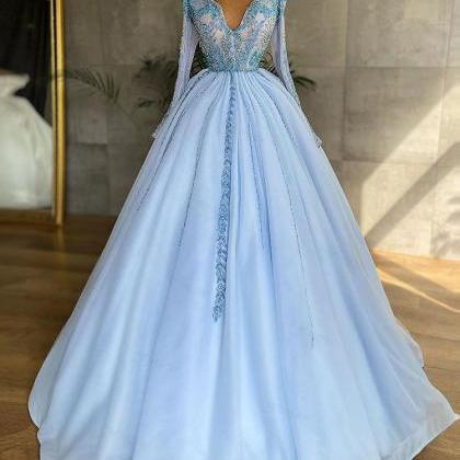 Light Blue Ball Gown Evening Dresses With Sleeves..