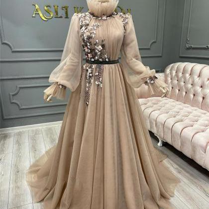 Champagne A-line Muslim Prom Dresses Flowers Lace..