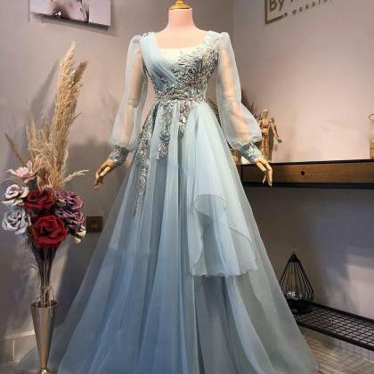 Sky Blue A-line Tulle Prom Dresses Elegant..