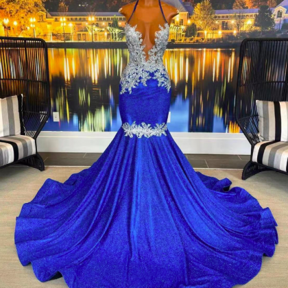 Royal Blue Prom Dresses, Lace Appliques Prom..