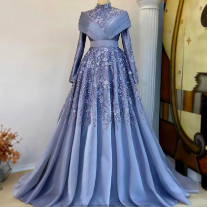 Blue Prom Dresses, Long Sleeve Prom Dresses, Lace..