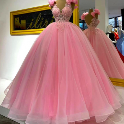 Pink Prom Dresses, Sexy Prom Dresses, V Neck Prom..