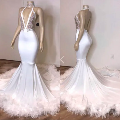2023 White Mermaid Prom Dresses Mermaid Plung V..