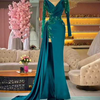 Dark Green Mermaid Prom Dresses Long Sleeve..