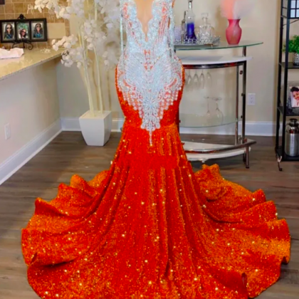 Shiny Orange Prom Dresses For Women 2023 O-neck..
