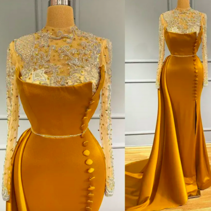 2023 Gold Prom Dresses Illusion Top Lace Applique..