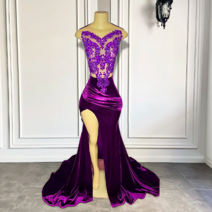 Purple Prom Dress, Side Slit Prom Dresses, Prom..