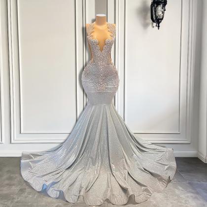 Women Silver Long Mermaid Prom Dresses 2023 Sexy..