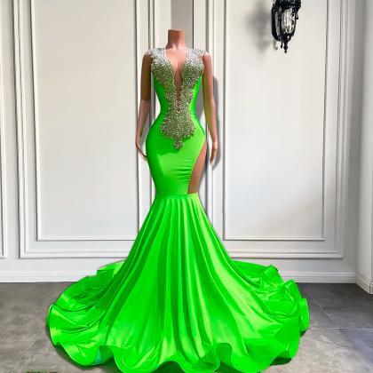 Long Mermaid Style Prom Dresses 2023 Sheer O-neck Fitted Sparkly Silver  Diamond Black Girl Green Pro on Luulla