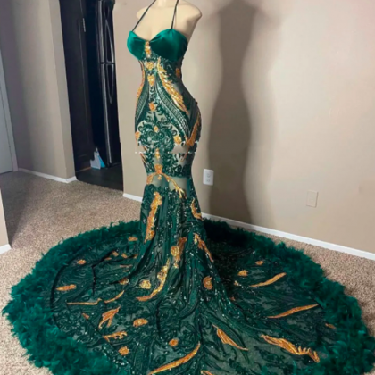 Dark Green And Gold Sequined Lace Prom Dresses For..