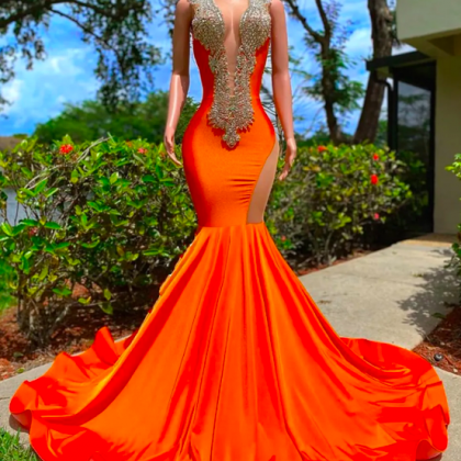 Backless Orange Long Prom Dresses For Black Girls..
