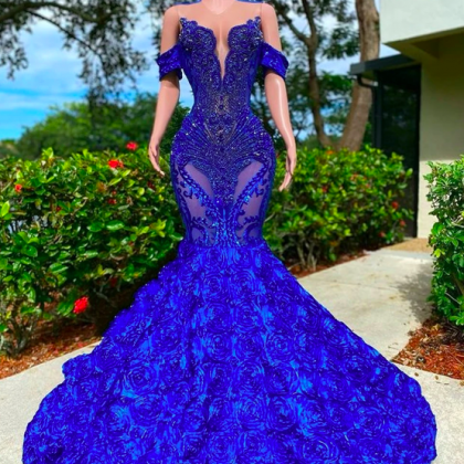 Luxury Royal Blue Ruched Flowers Prom Dresses For..