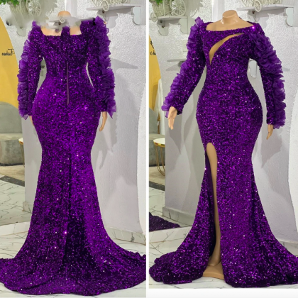African Purple Sequin Evening Dresses Long 2022..