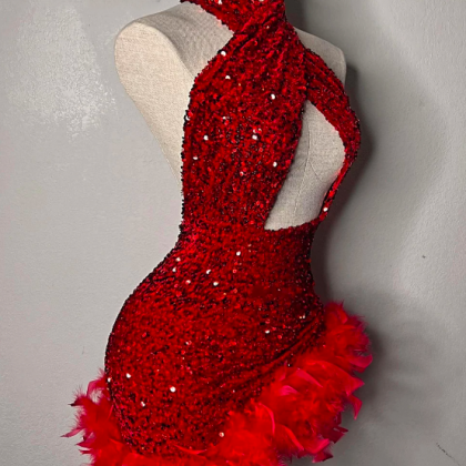 Red Feathers Sequin Prom Dresses Halter Homecoming..